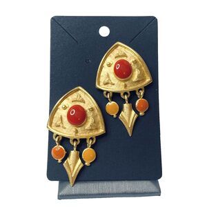 Vintage Modern Style Hammered Matte Gold Orange Red Enamel Kinetic Post Earrings